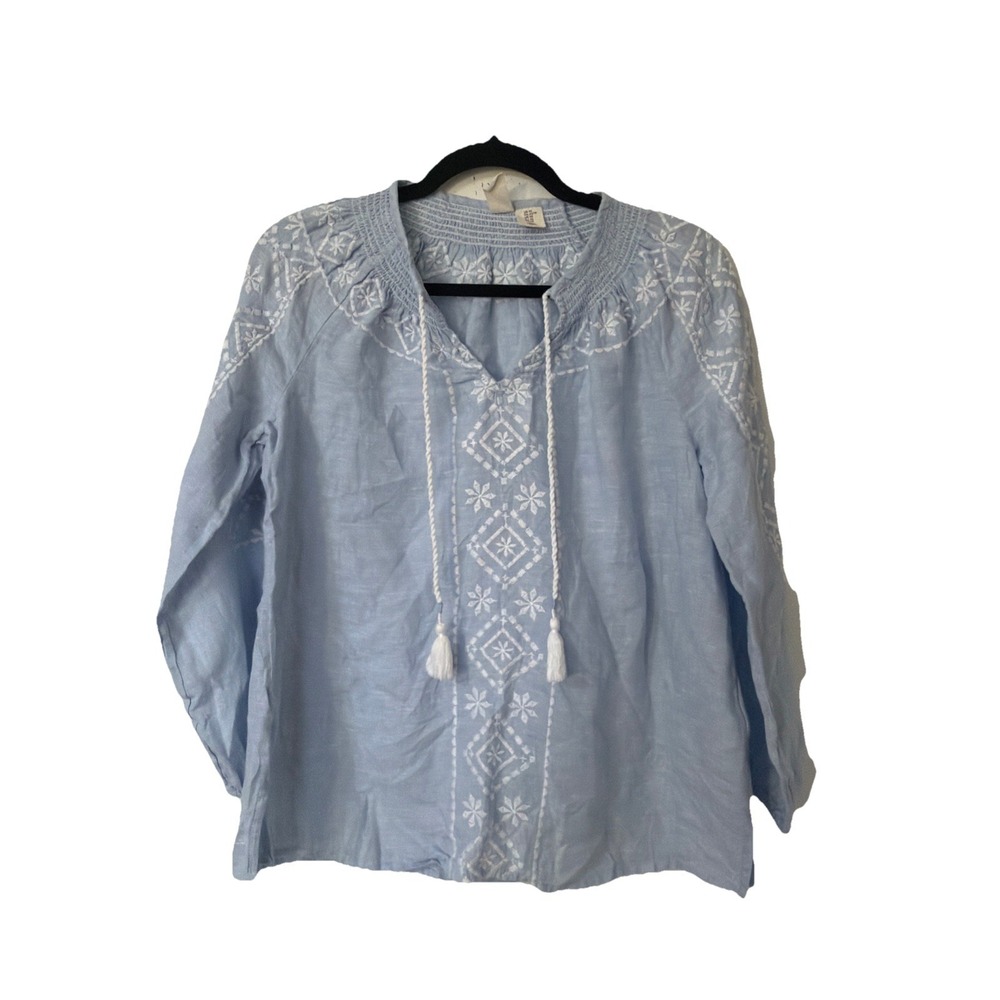 Joie Size XS Blue 100% Linen Peasant Top Blouse White Embroidered Tassel‎ Boho